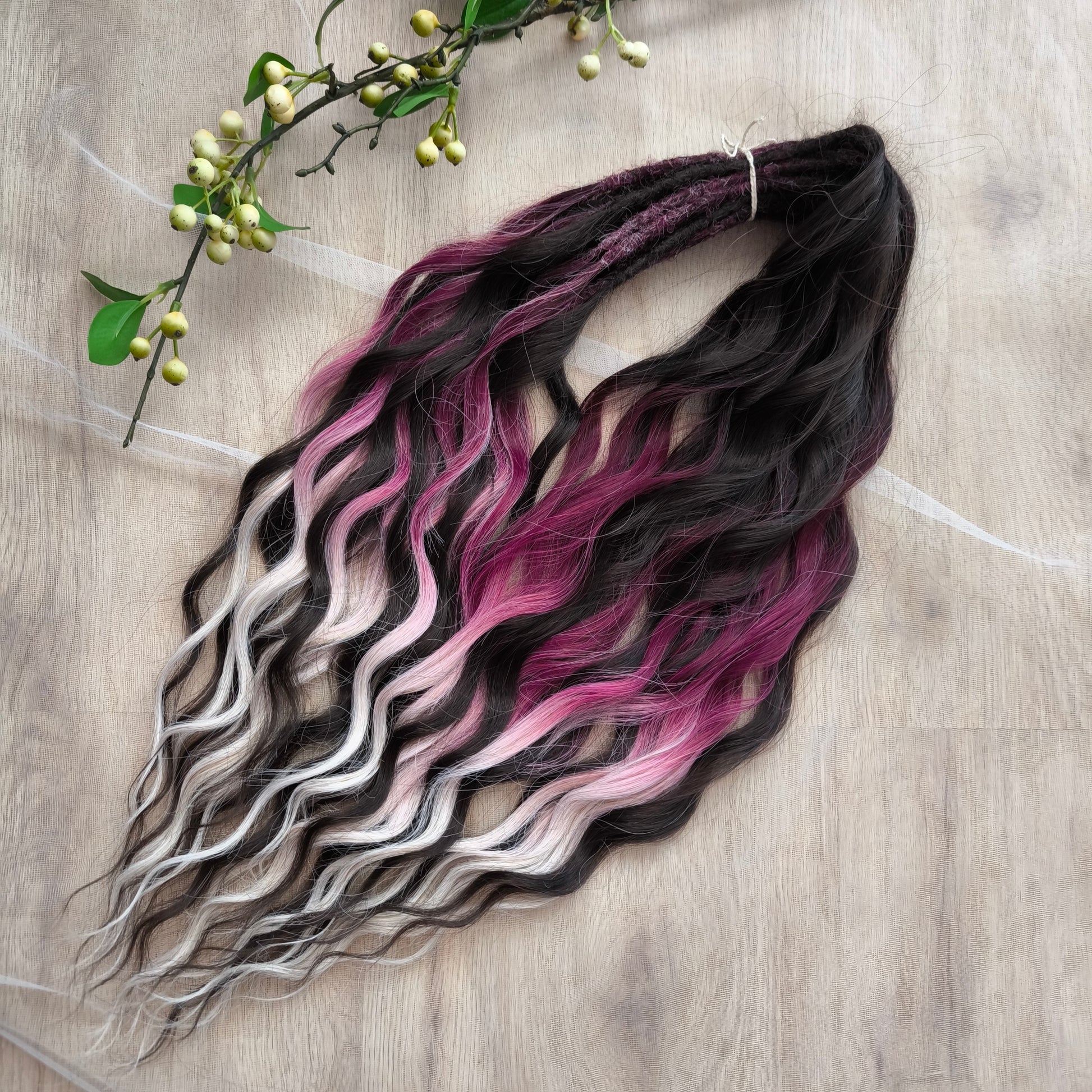 Velvet Twilight - handcrafted set features a rich gradient of deep chocolate brown, dark berry, magenta, and icy platinum - perfect for those who love a dramatic yet elegant look.

Soft, lightweight, and reusable synthetic brushable double ended wavy dreadlocks.