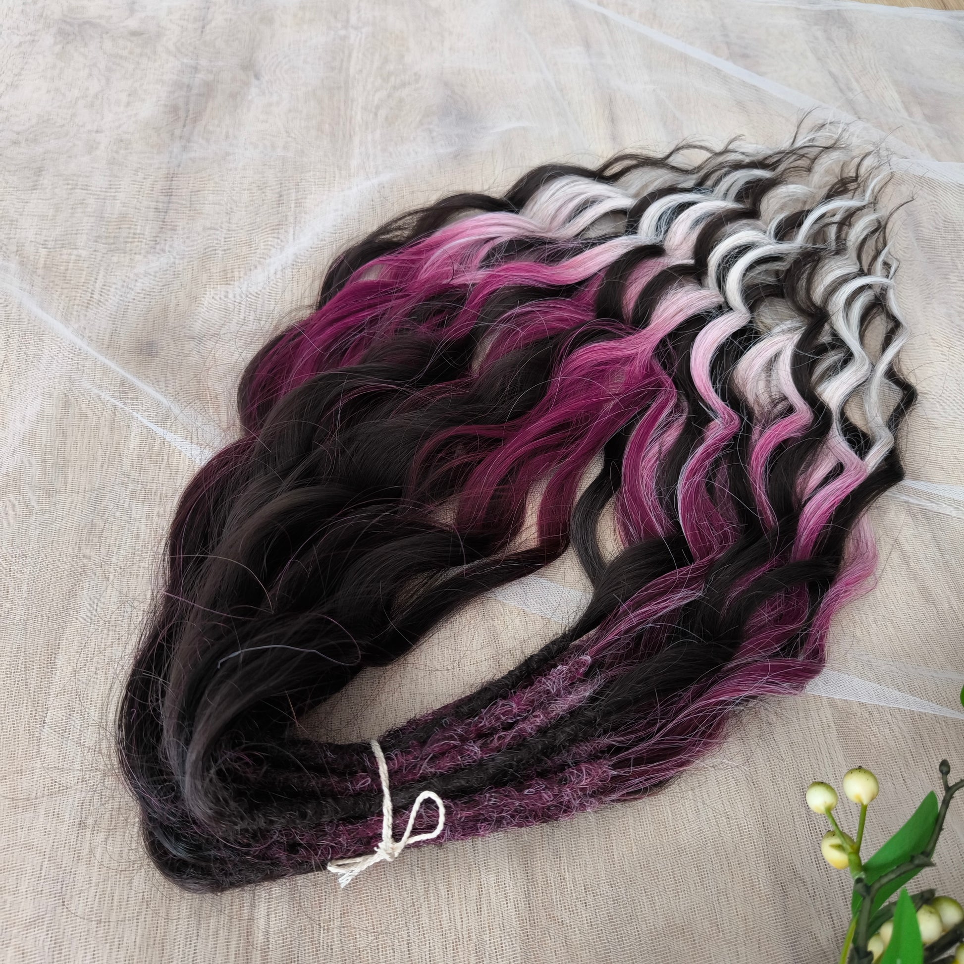 Velvet Twilight - handcrafted set features a rich gradient of deep chocolate brown, dark berry, magenta, and icy platinum - perfect for those who love a dramatic yet elegant look.

Soft, lightweight, and reusable synthetic brushable double ended wavy dreadlocks.