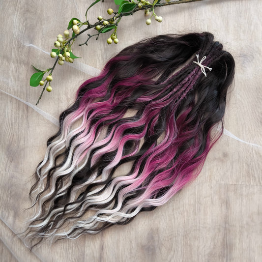 Velvet Twilight - handcrafted set features a rich gradient of deep chocolate brown, dark berry, magenta, and icy platinum - perfect for those who love a dramatic yet elegant look.

Soft, lightweight, and reusable synthetic brushable double ended wavy dreadlocks.