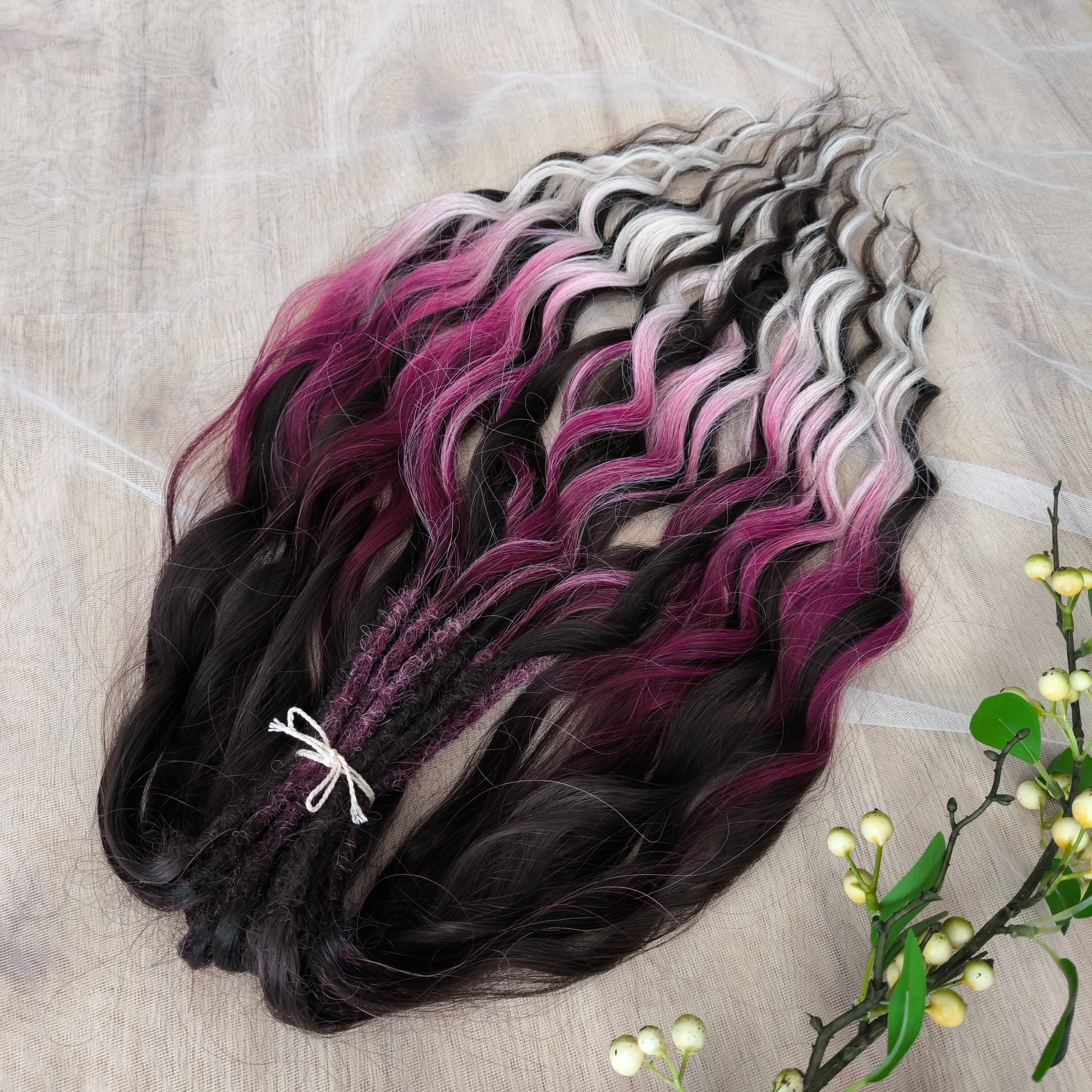 Velvet Twilight - handcrafted set features a rich gradient of deep chocolate brown, dark berry, magenta, and icy platinum - perfect for those who love a dramatic yet elegant look.

Soft, lightweight, and reusable synthetic brushable double ended wavy dreadlocks.