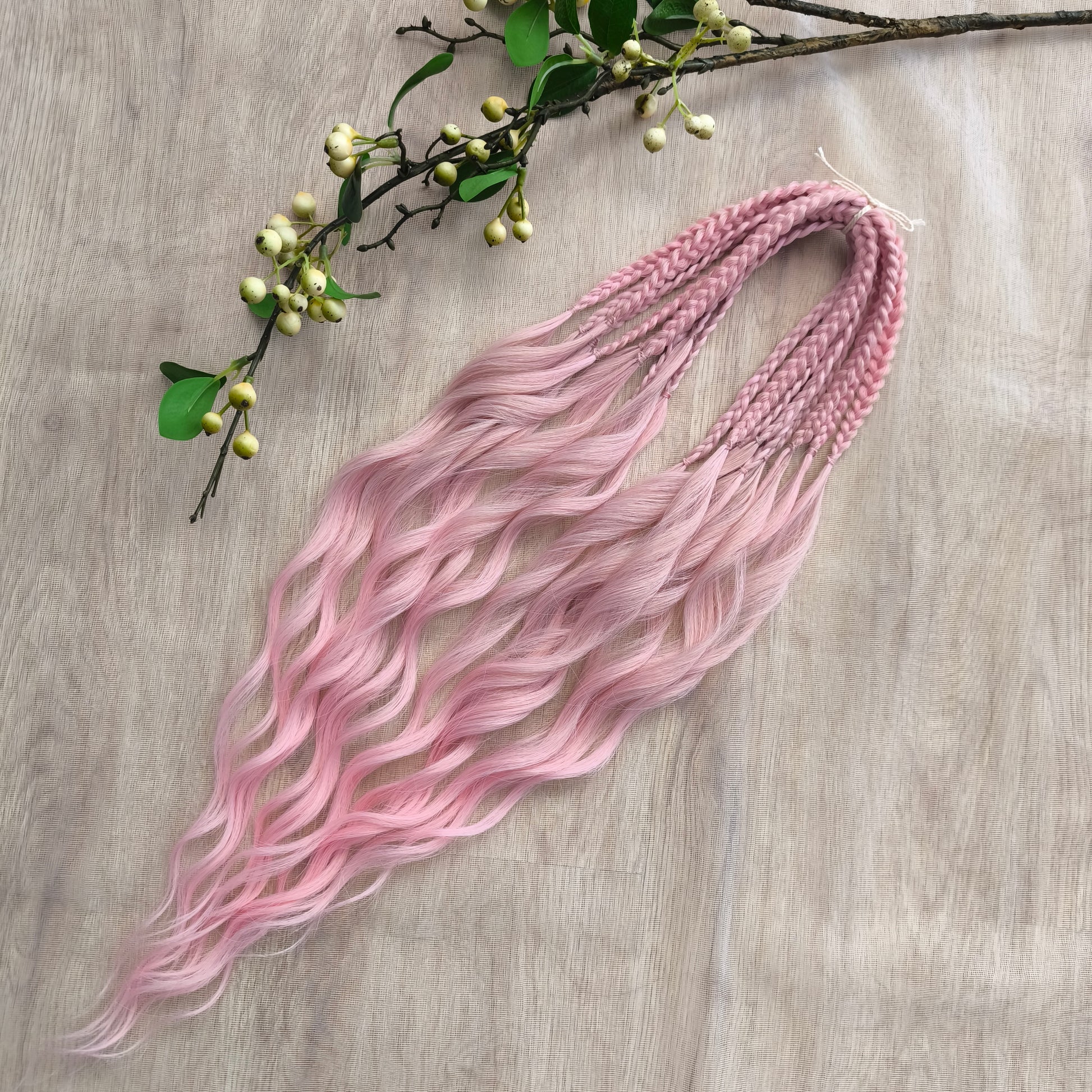 Soft lightweig and reusable brushable curls (regular dreaded, braided middle or pushup): ombre from ash dusty pink to soft pastel pink shade with a powdery undertone adds a touch of sweetness and magic to your style. Perfect for festival vibes, whimsical photo shoots, or simply adding a little fairytale charm to your everyday look.