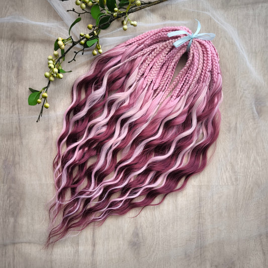 Ombre from pink to burgundy BRUSHABLE synthetic dreaded curls (regular, braided middle or push-up/dolly)