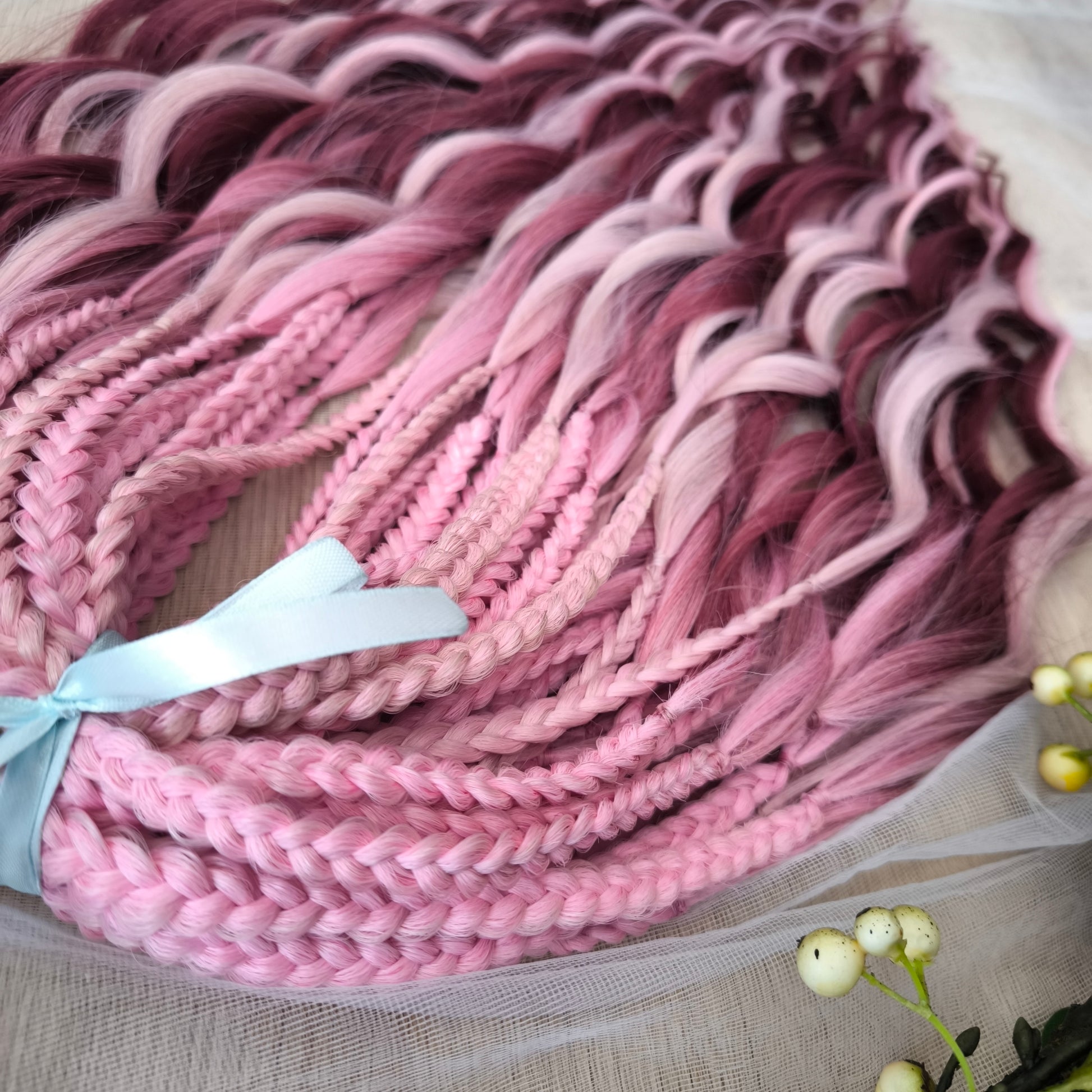 Ombre from pink to burgundy BRUSHABLE synthetic dreaded curls (regular, braided middle or push-up/dolly)