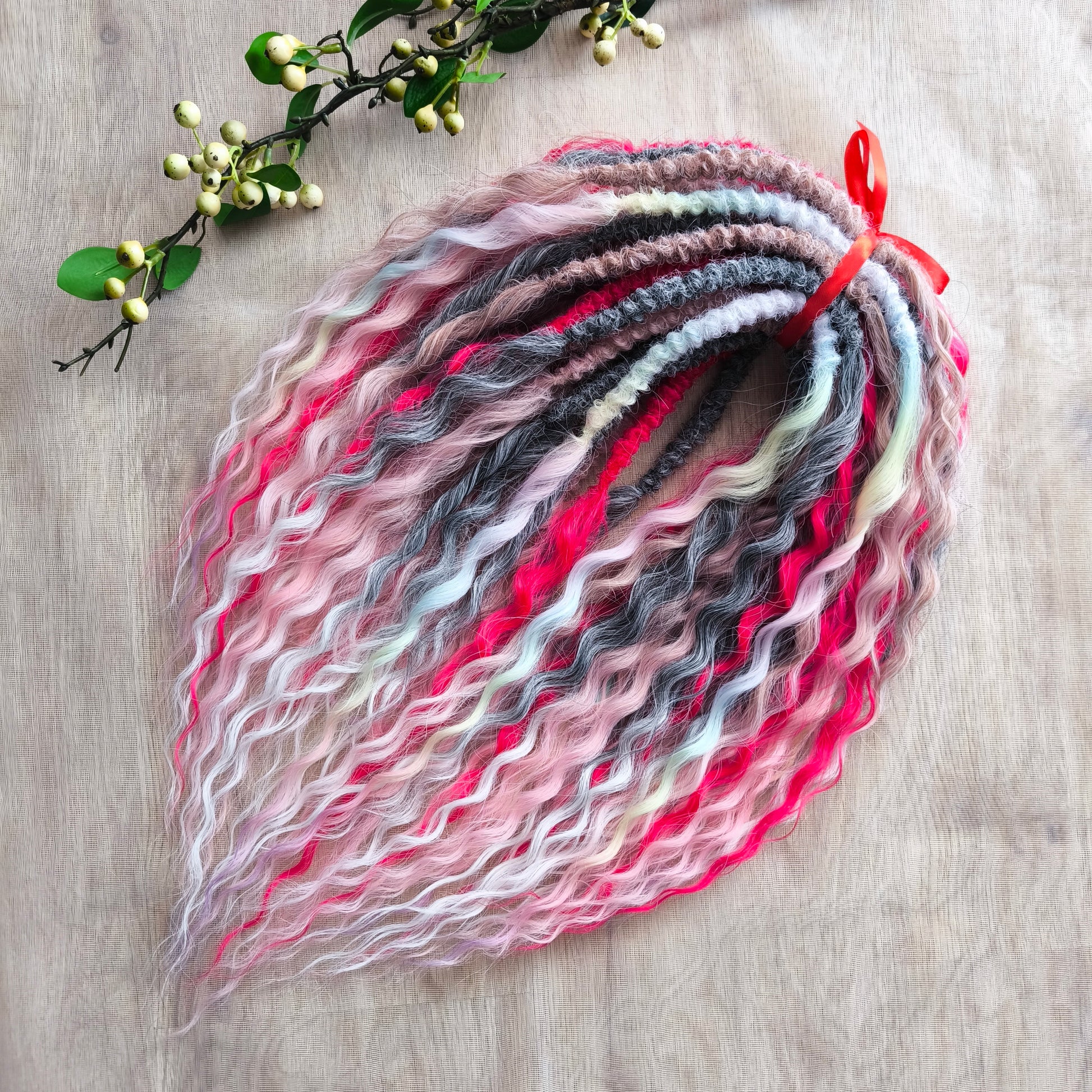 Pink Eclips - soft, lightweight, and reusable synthetic set of double ended NON-BRUSHABLE curls. A mix of hot pink fuchsia, dusty pink, ombre from pinky wheat blond to pink and white, ombre from grey to white, and pastel rainbow - playful and beautifully contrasted.