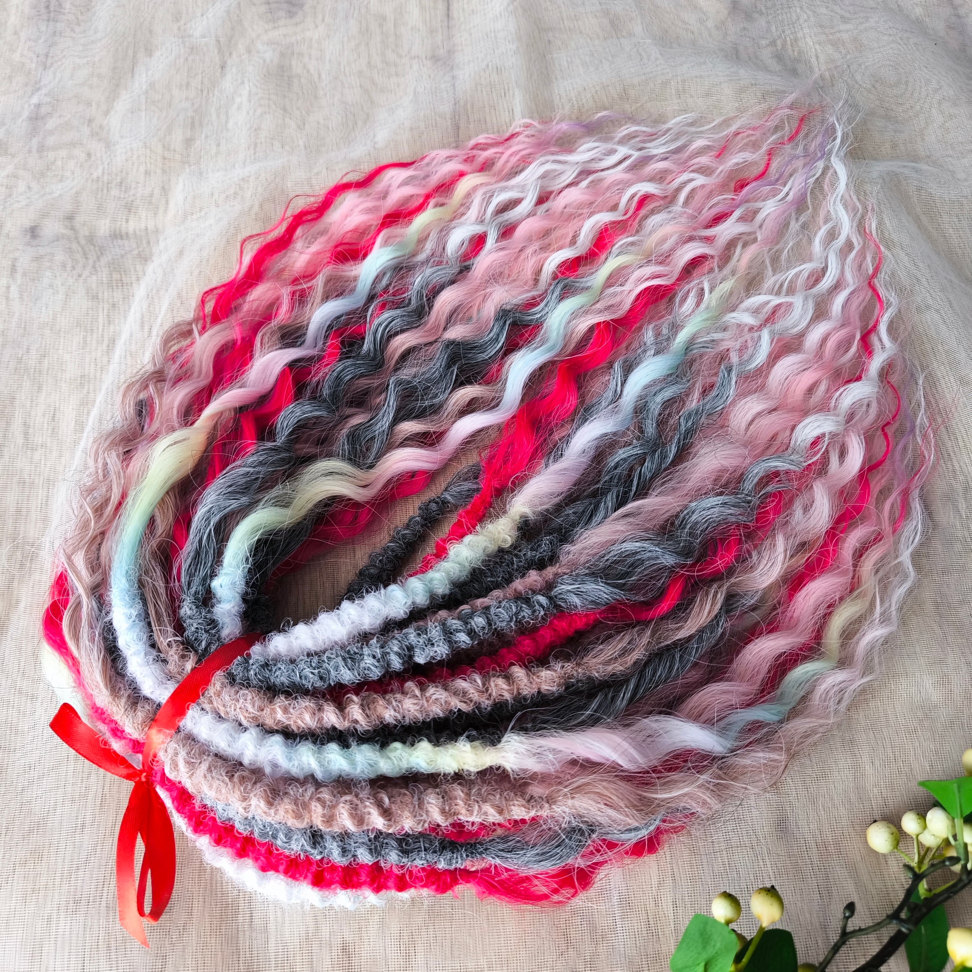 Pink Eclips - soft, lightweight, and reusable synthetic set of double ended NON-BRUSHABLE curls. A mix of hot pink fuchsia, dusty pink, ombre from pinky wheat blond to pink and white, ombre from grey to white, and pastel rainbow - playful and beautifully contrasted.