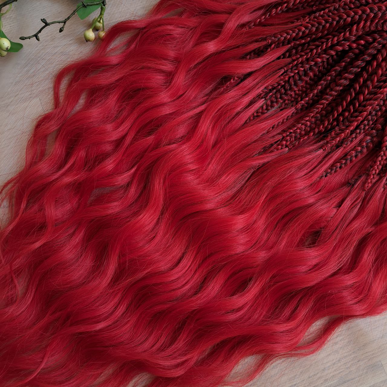 Vibrant red soft, lightweight, and reusable 50 double ended synthetic braids with loose wavy brushable ends.

The length is 22-24 inches (55-60 cm), and the braided part is approximately 5 inches (13 cm) folded.