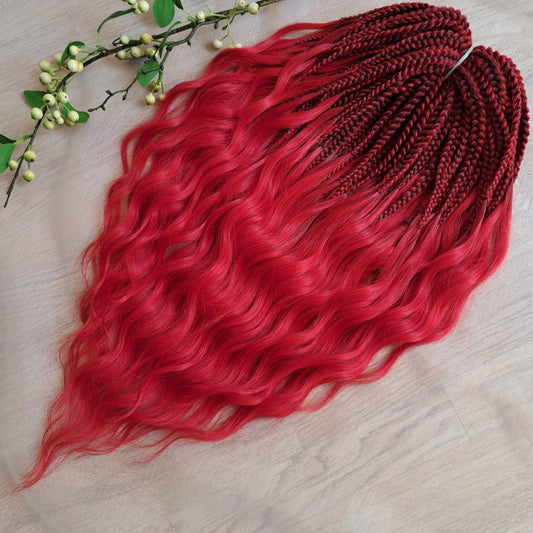 Vibrant red soft, lightweight, and reusable 50 double ended synthetic braids with loose wavy brushable ends.

The length is 22-24 inches (55-60 cm), and the braided part is approximately 5 inches (13 cm) folded.