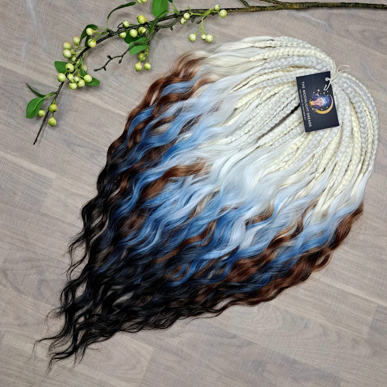 This set blends creamy blonde, cool ice-blue, medium chestnut, and deep brown into a smooth, natural-looking gradient.
Soft, lightweight, and reusable synthetic brushable double-ended wavy dreadlocks (available as regular dreaded, braided middle, or push-up).

Perfect for those who prefer calm, neutral, and balanced tones with a cool-to-warm transition.