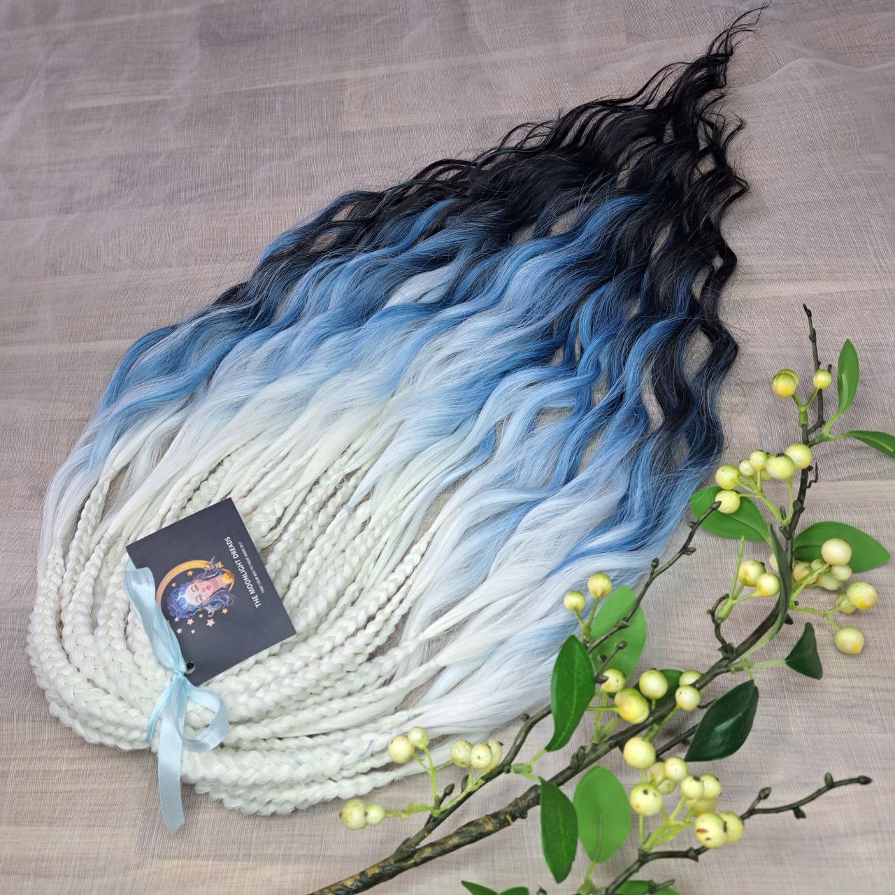 Ombre from clean icy blonde roots into smoky steel blue, deepening into rich navy blue at the ends - soft, lightweight, brushable, and reusable synthetic double-ended brushable curls (regular dreaded, braided middle or push-up).