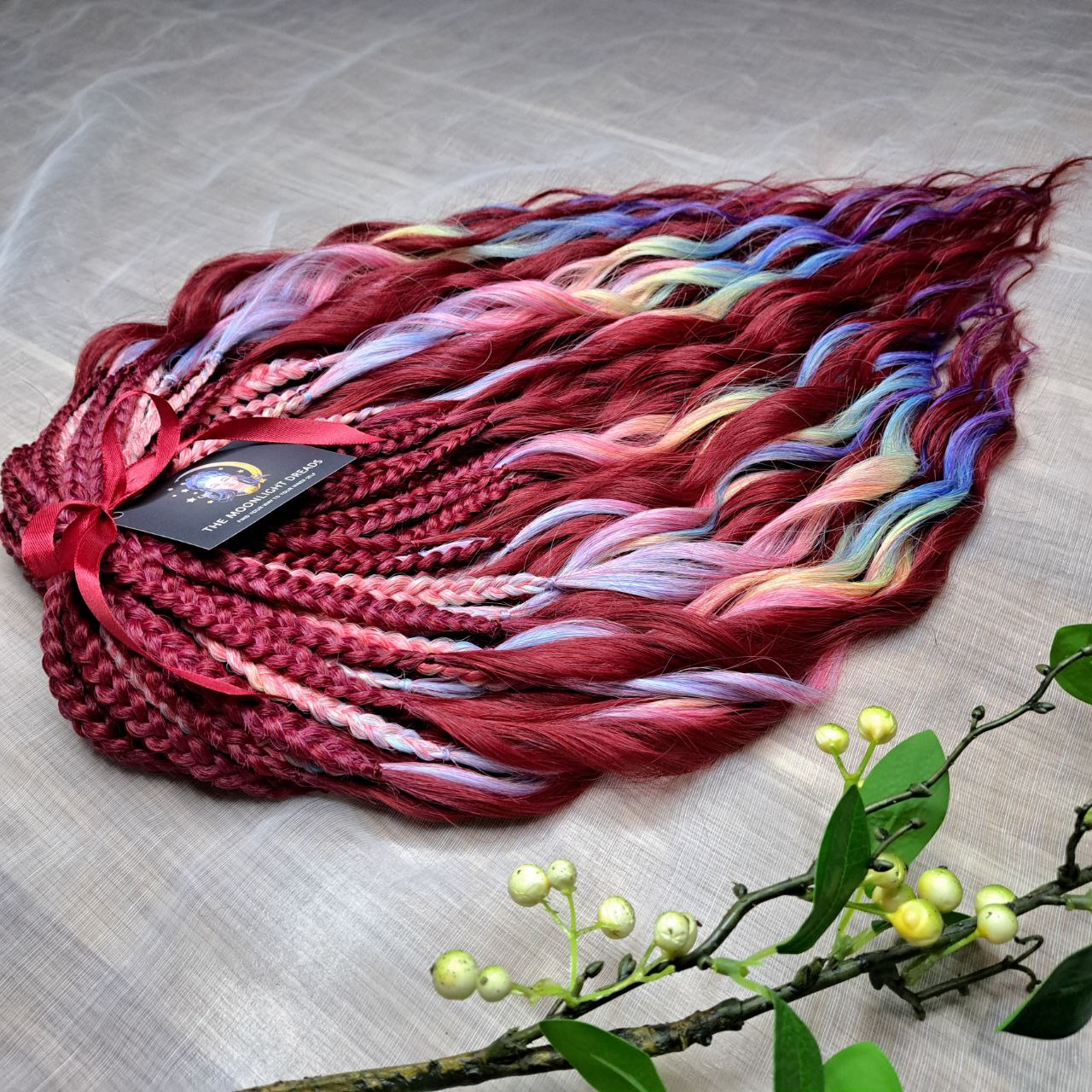 Deep berry red base with pastel highlights in blue, lilac, pink, and soft yellow - bold contrast with a smooth flow of color. Soft, lightweight, and reusable synthetic brushable double ended wavy dreadlocks. Bring the burst 💥

