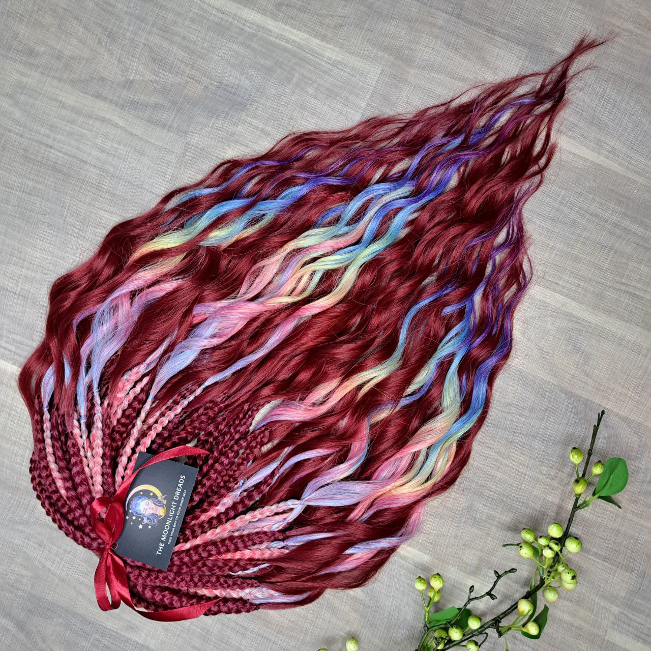 Deep berry red base with pastel highlights in blue, lilac, pink, and soft yellow - bold contrast with a smooth flow of color. Soft, lightweight, and reusable synthetic brushable double ended wavy dreadlocks. Bring the burst 💥
