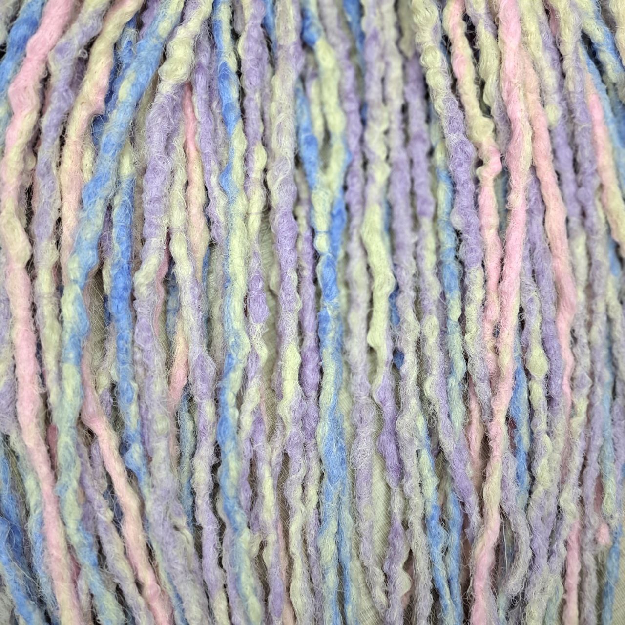 Pastel Cloud - a soft pastel mix of lavender, baby blue, blush pink, and creamy blonde. Soft, lightweight, and reusable 49 double ended synthetic bumpy dreadlocks with blunt ends give a calm, airy look.

Length: ≈15-16 inches (≈38-40 cm)
Thickness of dreads and braids: ≈0.8-1 cm
Weight: ≈260 gr (≈9,17 oz)