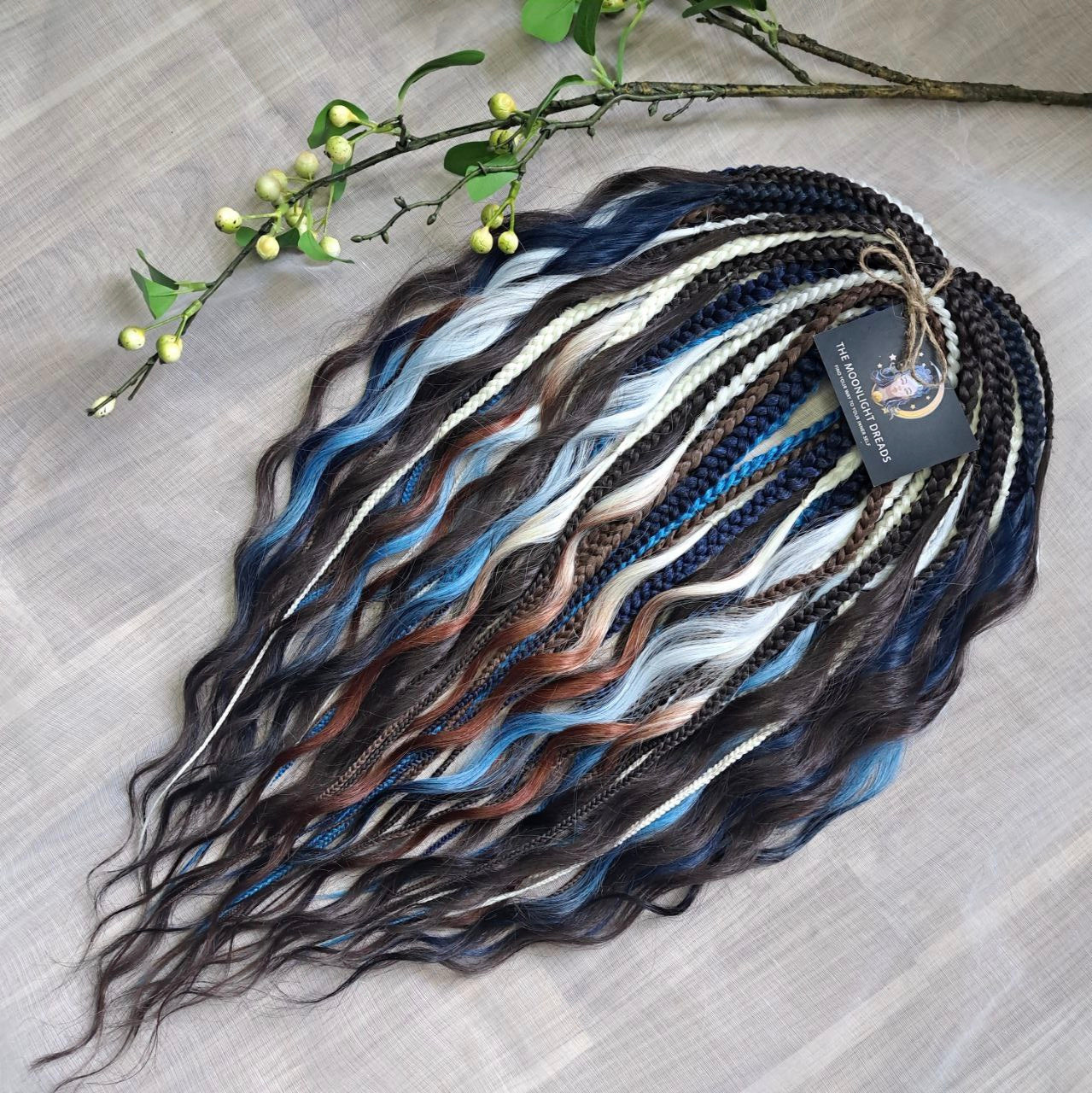 Blue Chocolate: set of braided middle curls and regular braids in a deep mix of dark chocolate tones with white, icy blue and navy accents. Soft, lightweight, and reusable.

Standard length: ±22-24 inches (55-60 cm)
Thickness of braids: ±0.8 cm
Braided part of curls: ±4–5 inches folded (total ±8–10 inches)