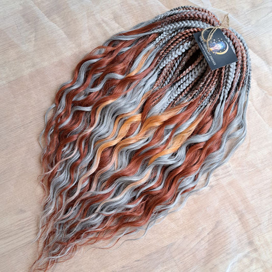 Silver Copper Blend: soft, lightweight, and reusable set of curls with a braided middle. A mix of soft silver, warm copper, and light apricot tones - created to blend seamlessly for a client with natural grey hair