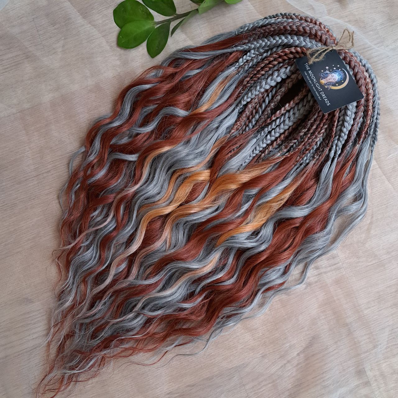 Silver Copper Blend: soft, lightweight, and reusable set of curls with a braided middle. A mix of soft silver, warm copper, and light apricot tones - created to blend seamlessly for a client with natural grey hair