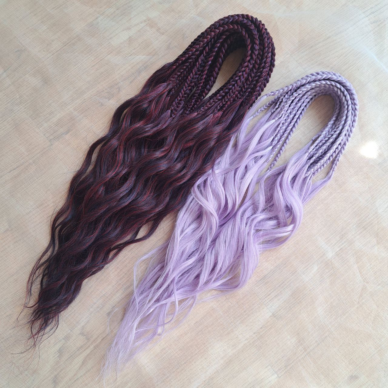 Plum Lilac - the base shade is a deep plum purple, combined with soft lilac strands. Soft, lightweight, and reusable double ended synthetic brushable curls.