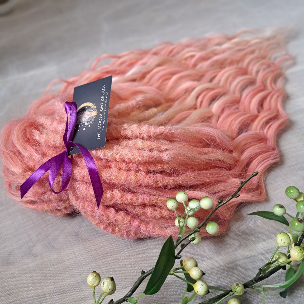 Pink Flamingo - a mix of a few coral pink and pinky blonde shades. Soft, lightweight, and reusable synthetic brushable double ended wavy dreadlocks (regular dreaded, braided middle, or push-up):

The length:
Standard dreaded - 22-24 inches (55-60 cm), one-side dreaded part ±4-5 inches
Braided middle - 22-24 inches (55-60 cm), braid ±4-5 inches folded (total ±8-10 inches)
Push-up / Dolly - 20-22 inches (50-55 cm), dreaded part ±4 inches (from working side)