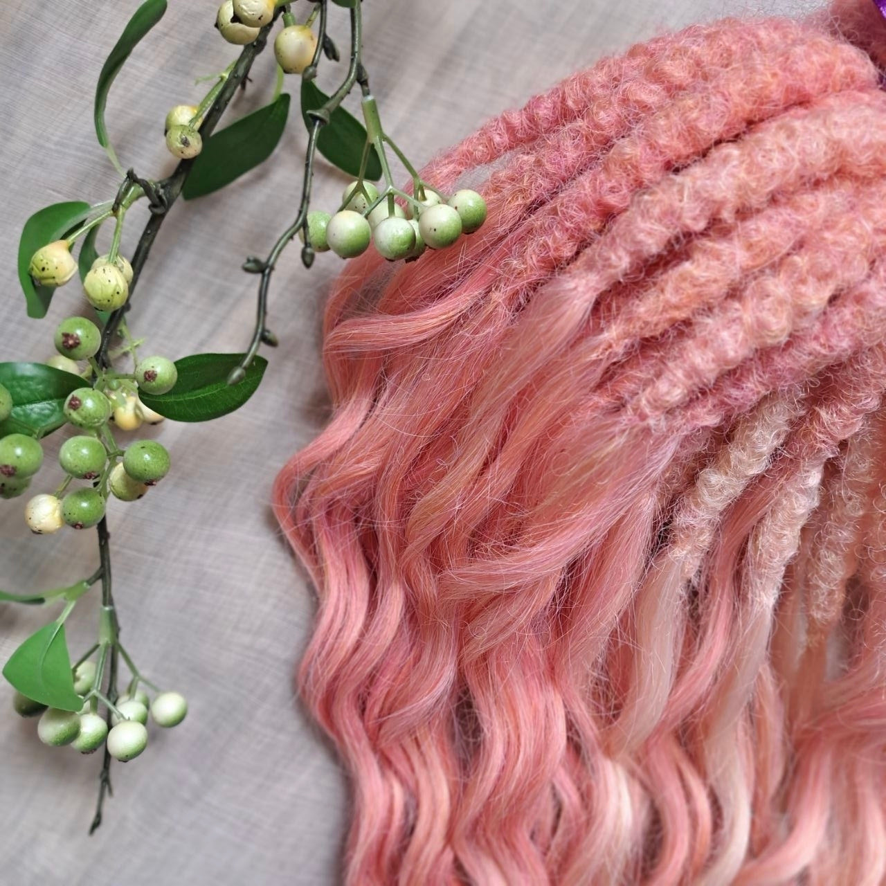 Pink Flamingo - a mix of a few coral pink and pinky blonde shades. Soft, lightweight, and reusable synthetic brushable double ended wavy dreadlocks (regular dreaded, braided middle, or push-up):

The length:
Standard dreaded - 22-24 inches (55-60 cm), one-side dreaded part ±4-5 inches
Braided middle - 22-24 inches (55-60 cm), braid ±4-5 inches folded (total ±8-10 inches)
Push-up / Dolly - 20-22 inches (50-55 cm), dreaded part ±4 inches (from working side)
