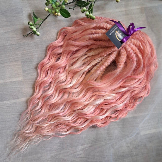 Pink Flamingo - a mix of a few coral pink and pinky blonde shades. Soft, lightweight, and reusable synthetic brushable double ended wavy dreadlocks (regular dreaded, braided middle, or push-up):

The length:
Standard dreaded - 22-24 inches (55-60 cm), one-side dreaded part ±4-5 inches
Braided middle - 22-24 inches (55-60 cm), braid ±4-5 inches folded (total ±8-10 inches)
Push-up / Dolly - 20-22 inches (50-55 cm), dreaded part ±4 inches (from working side)