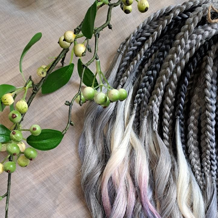 Rainbow Ash - smoky silver, graphite, and rainbow/prism with icy blonde highlights. Soft, lightweight, and reusable synthetic brushable double ended wavy dreadlocks (regular dreaded, braided middle, or push-up).