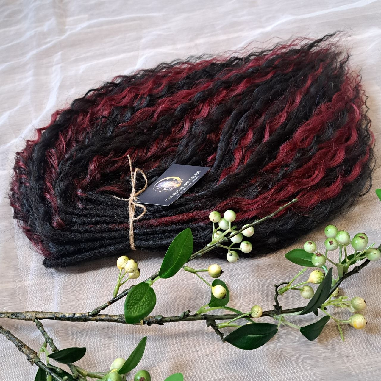 Black Ruby -  non-brushable dreaded curls: soft synthetic black & burgundy wavy dreadlocks