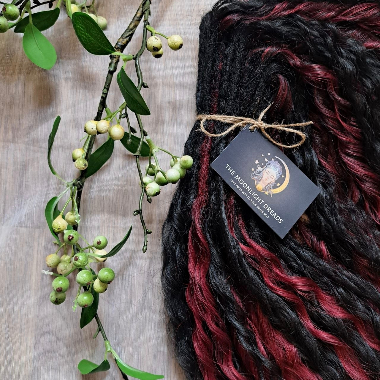 Black Ruby -  non-brushable dreaded curls: soft synthetic black & burgundy wavy dreadlocks