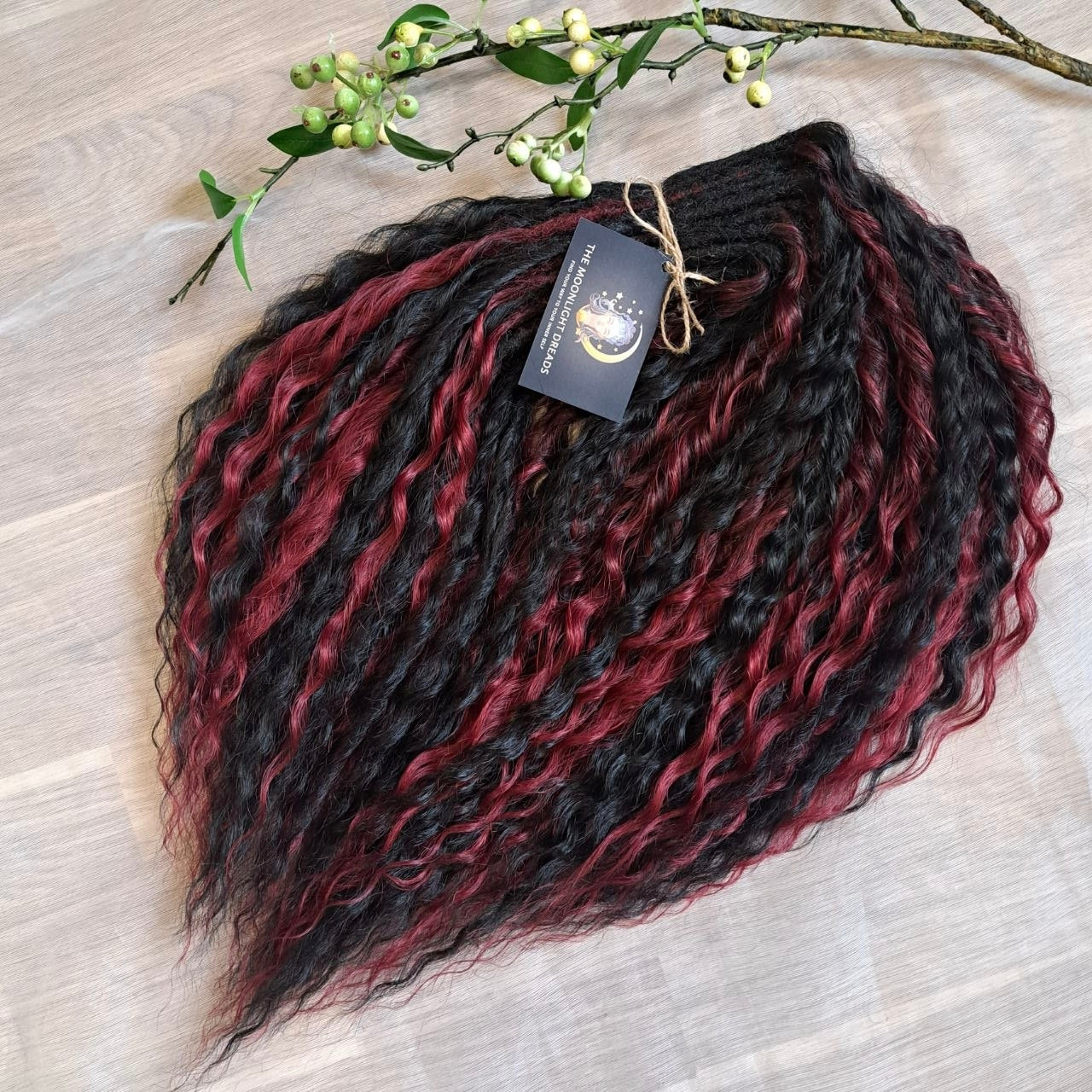 Black Ruby -  non-brushable dreaded curls: soft synthetic black & burgundy wavy dreadlocks