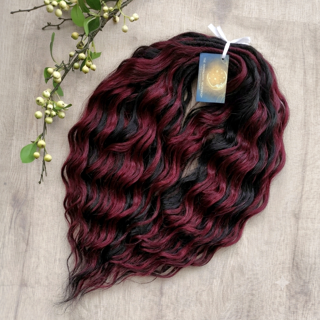 A mix of black and rich burgundy: soft, lightweight, and reusable synthetic brushable double ended wavy dreadlocks.

The length:
Standard dreaded - 22-24 inches (55-60 cm), dreaded part ±4-5 inches
Braided middle - 22-24 inches (55-60 cm), braid ±4-5 inches folded (total ±8-10 inches)
Push-up / Dolly - 20-22 inches (50-55 cm), dreaded part ±4 inches (from working side)