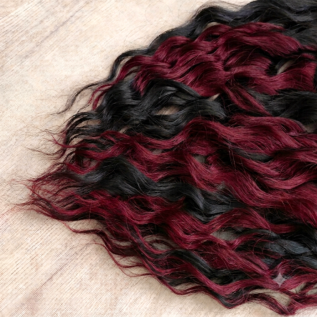 A mix of black and rich burgundy: soft, lightweight, and reusable synthetic brushable double ended wavy dreadlocks.

The length:
Standard dreaded - 22-24 inches (55-60 cm), dreaded part ±4-5 inches
Braided middle - 22-24 inches (55-60 cm), braid ±4-5 inches folded (total ±8-10 inches)
Push-up / Dolly - 20-22 inches (50-55 cm), dreaded part ±4 inches (from working side)