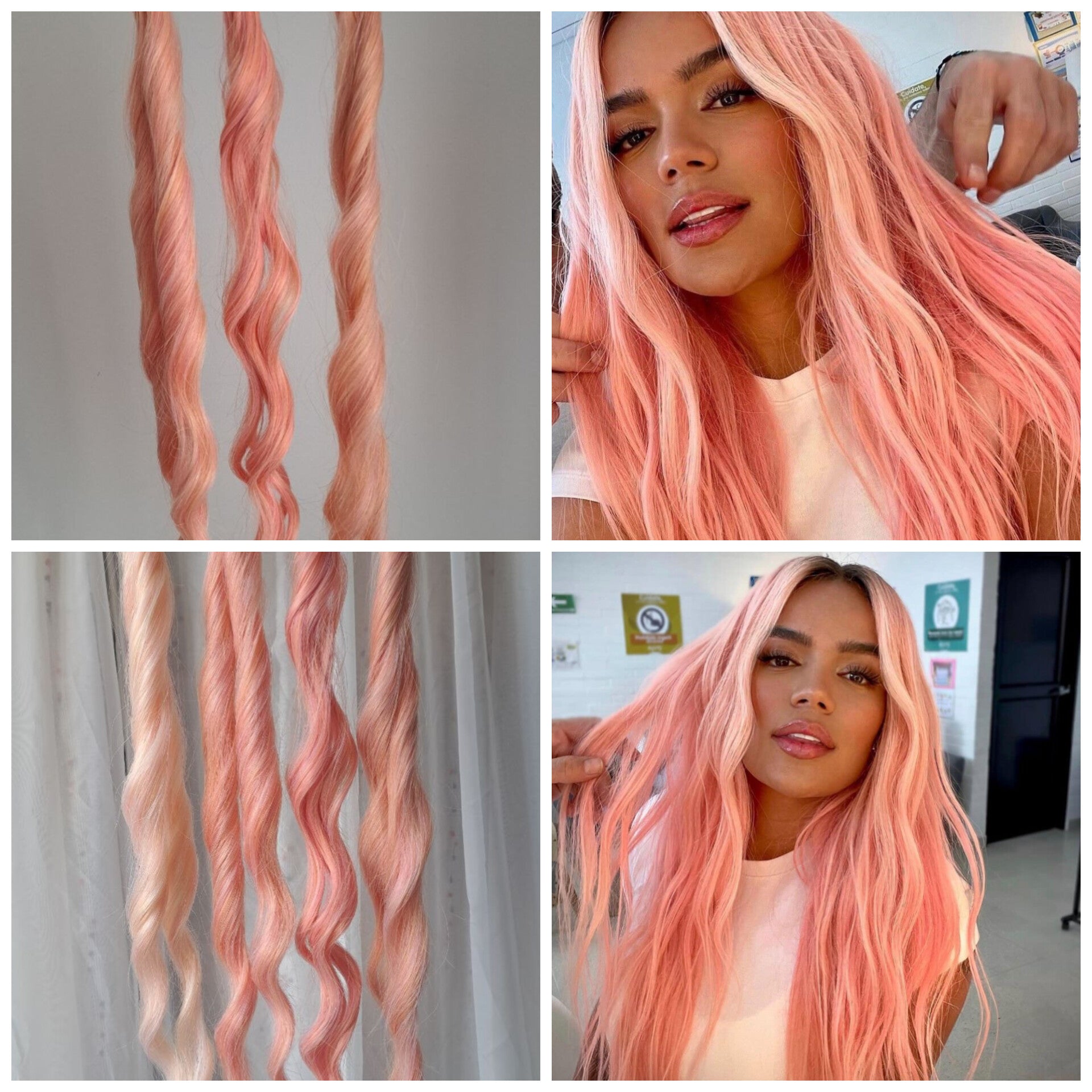 Pink Flamingo - a mix of a few coral pink and pinky blonde shades. Soft, lightweight, and reusable synthetic brushable double ended wavy dreadlocks (regular dreaded, braided middle, or push-up):

The length:
Standard dreaded - 22-24 inches (55-60 cm), one-side dreaded part ±4-5 inches
Braided middle - 22-24 inches (55-60 cm), braid ±4-5 inches folded (total ±8-10 inches)
Push-up / Dolly - 20-22 inches (50-55 cm), dreaded part ±4 inches (from working side)