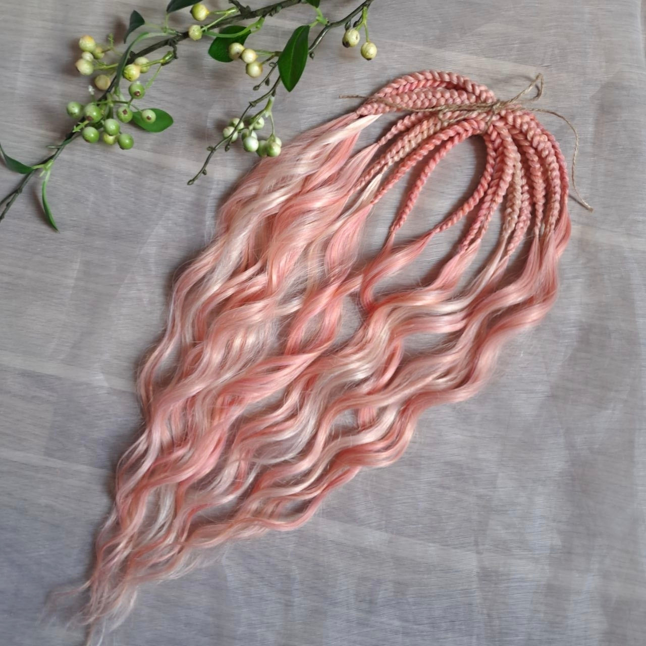 Pink Flamingo - a mix of a few coral pink and pinky blonde shades. Soft, lightweight, and reusable synthetic brushable double ended wavy dreadlocks (regular dreaded, braided middle, or push-up):

The length:
Standard dreaded - 22-24 inches (55-60 cm), one-side dreaded part ±4-5 inches
Braided middle - 22-24 inches (55-60 cm), braid ±4-5 inches folded (total ±8-10 inches)
Push-up / Dolly - 20-22 inches (50-55 cm), dreaded part ±4 inches (from working side)