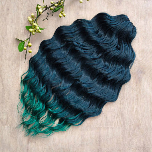 Midnight Teal to Emerald Fade soft, lightweight, and reusable synthetic brushable double ended wavy dreadlocks.