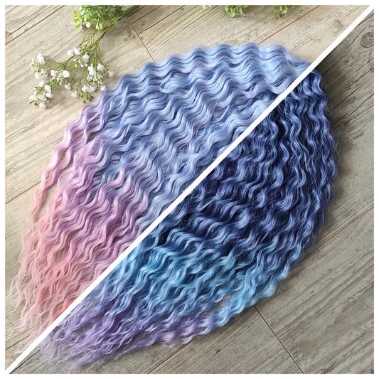 Soft, lightweight, and reusable synthetic sets of double ended regular curls (NOT BRUSHABLE) in blue and purple shades: 
1. ombre from sky blue to lavender and pink;
2. ombre from indigo to sky blue and lavender.