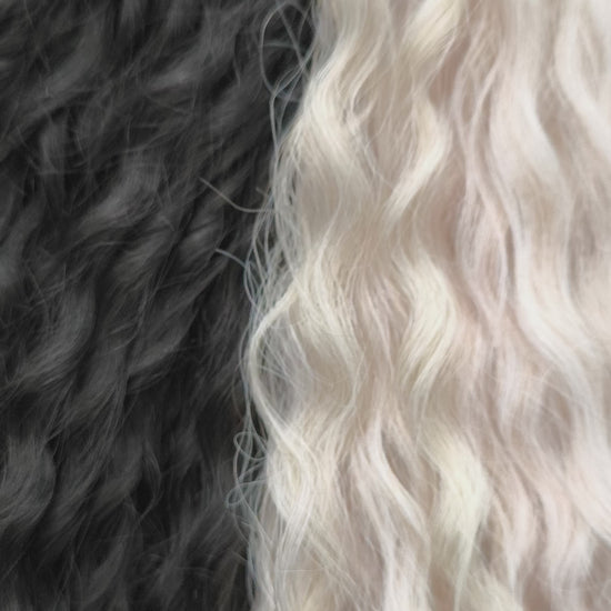 Black and white/blonde set of 62 double ended synthetic non-brushable dreaded curls.

Length: ±28-30 inches (70-75 cm)
Dreaded part of curls ±3-4 inches (8-10 cm)
Weight: ±420 gr (15 oz)