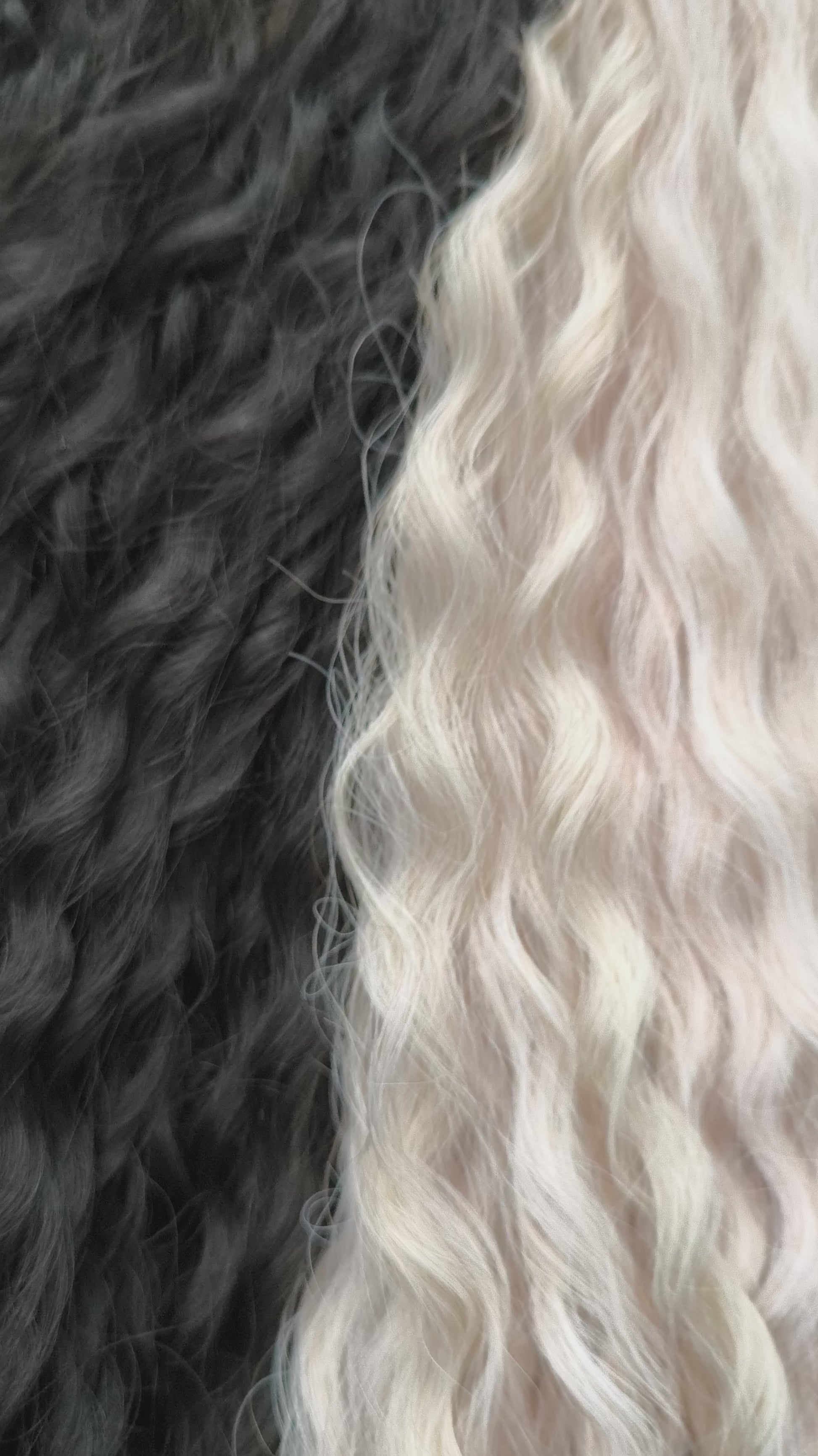 Black and white/blonde set of 62 double ended synthetic non-brushable dreaded curls.

Length: ±28-30 inches (70-75 cm)
Dreaded part of curls ±3-4 inches (8-10 cm)
Weight: ±420 gr (15 oz)