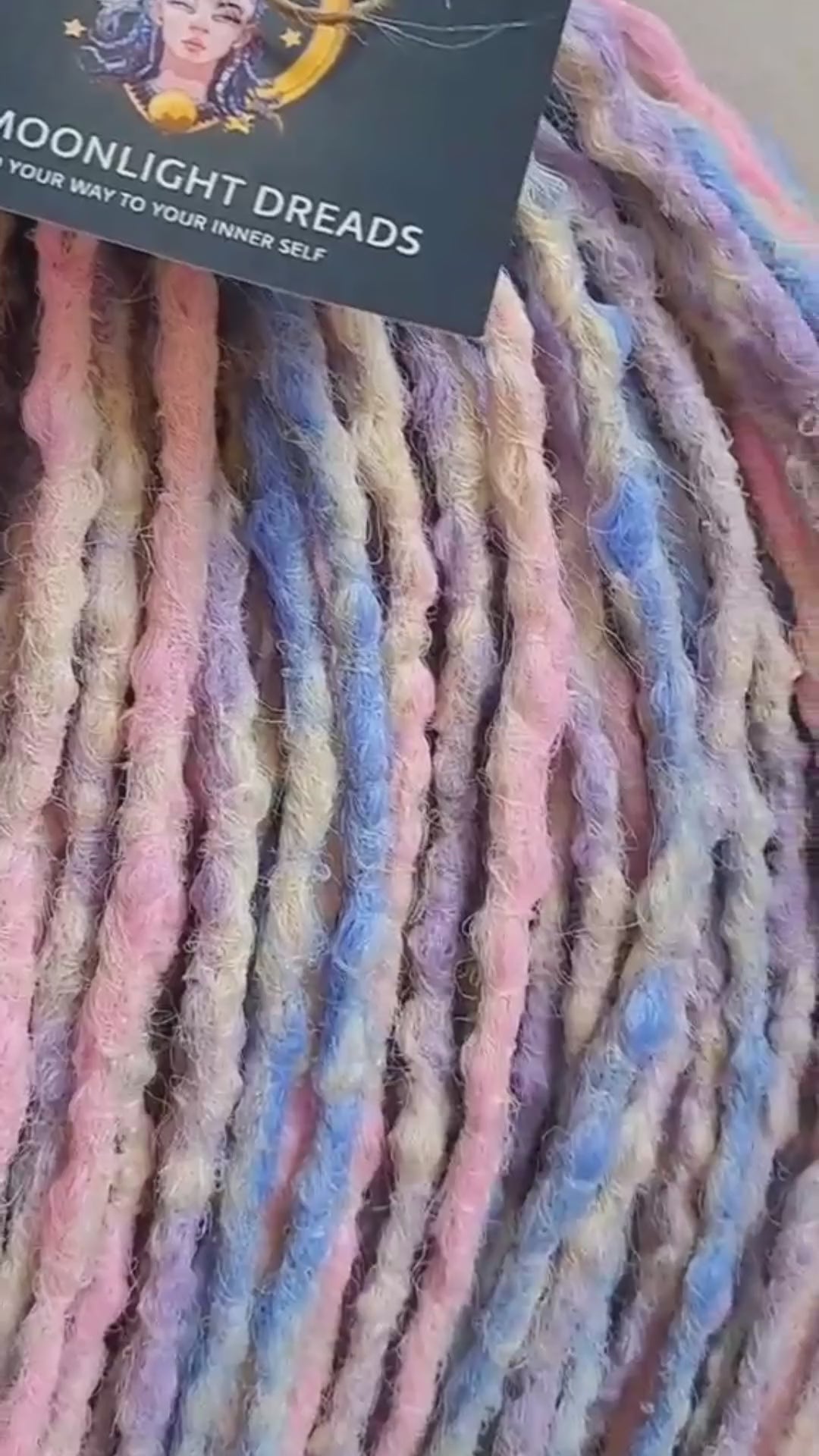 Pastel Cloud - a soft pastel mix of lavender, baby blue, blush pink, and creamy blonde. Soft, lightweight, and reusable 49 double ended synthetic bumpy dreadlocks with blunt ends give a calm, airy look.

Length: ≈15-16 inches (≈38-40 cm)
Thickness of dreads and braids: ≈0.8-1 cm
Weight: ≈260 gr (≈9,17 oz)