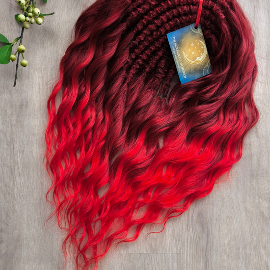 Ombre dark red to bloody red brushable, soft, lightweight, and reusable synthetic dreaded curls (standard dreaded or push-up)