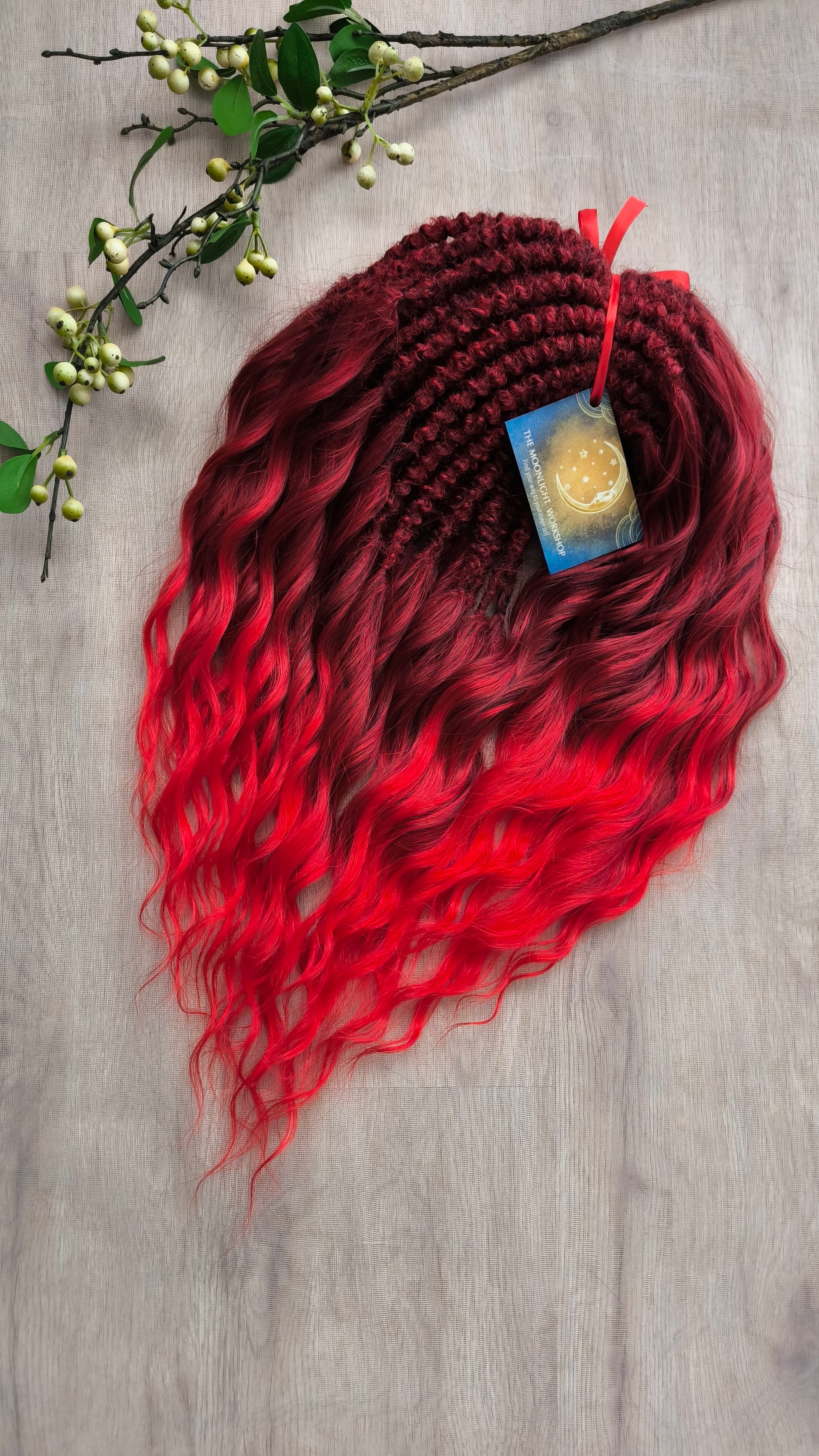 Ombre dark red to bloody red brushable, soft, lightweight, and reusable synthetic dreaded curls (standard dreaded or push-up)