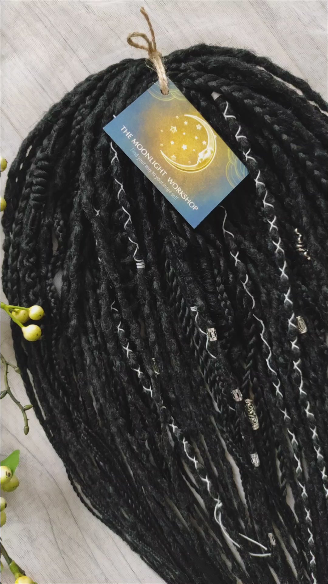 This set of synthetic dreadlocks combines elements of a Viking-inspired aesthetic.
Black double ended crochet dreads, braids, and Senegalese twists. Decoration is included. Reusable lightweight set made from high-quality synthetic hypoallergenic material kanekalon.

Standard length: ±22-24 inches (55-60 cm)
Thickness of dreads and braids: ±0.8 cm