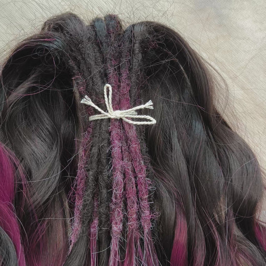 Velvet Twilight - handcrafted set features a rich gradient of deep chocolate brown, dark berry, magenta, and icy platinum - perfect for those who love a dramatic yet elegant look.

Soft, lightweight, and reusable synthetic brushable double ended wavy dreadlocks.