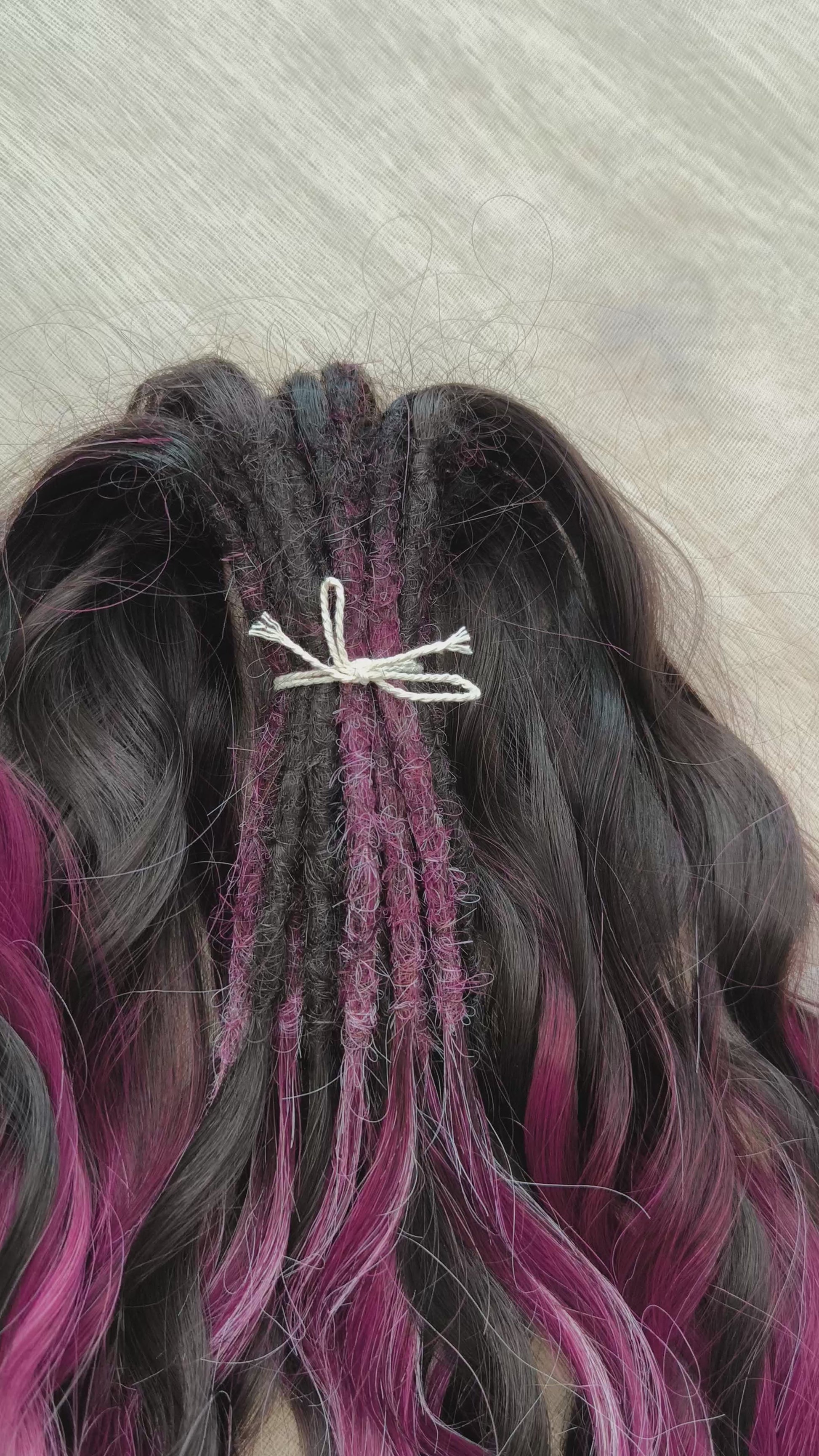 Velvet Twilight - handcrafted set features a rich gradient of deep chocolate brown, dark berry, magenta, and icy platinum - perfect for those who love a dramatic yet elegant look.

Soft, lightweight, and reusable synthetic brushable double ended wavy dreadlocks.