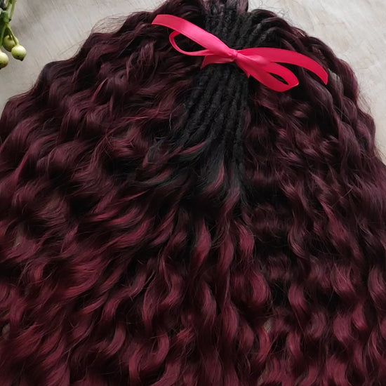 Burgundy dreaded curls (regular or push-up/Dolly): soft synthetic maroon wavy dreadlocks 