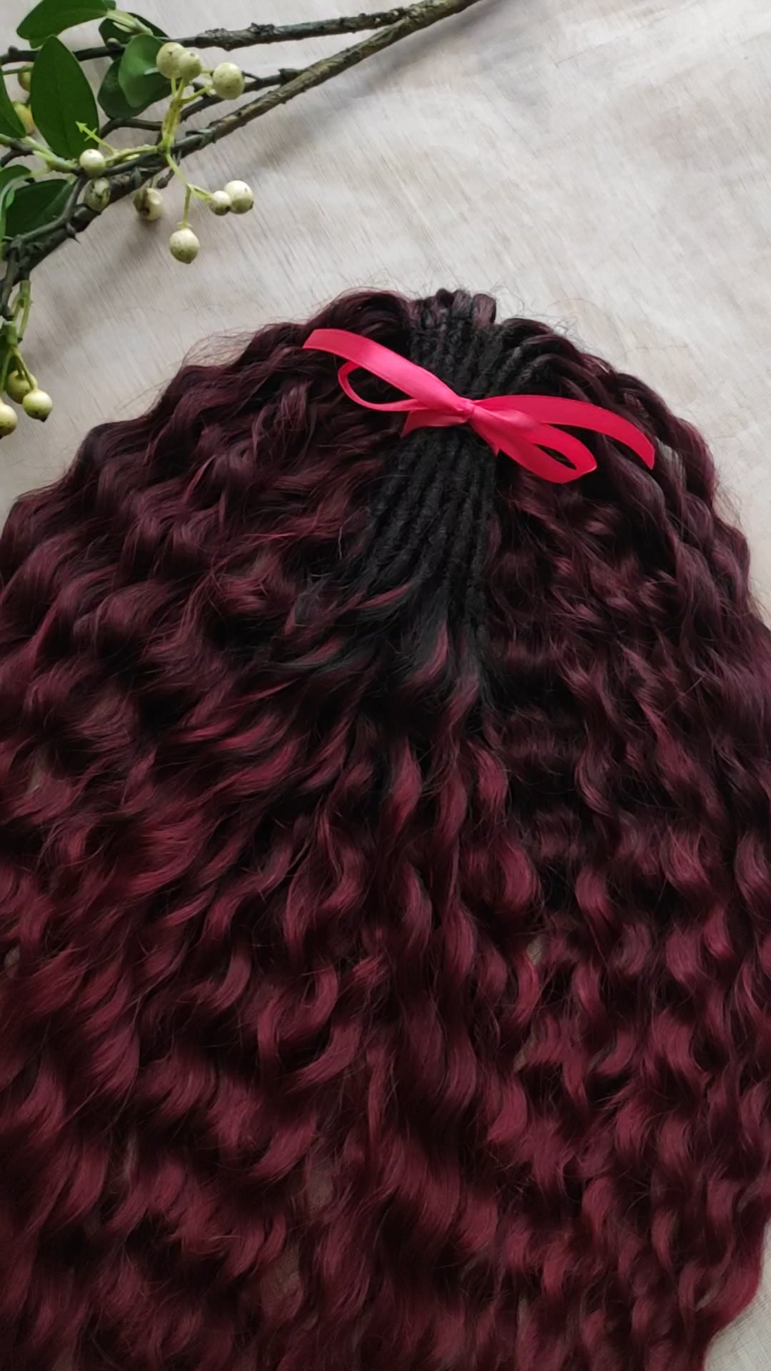 Burgundy dreaded curls (regular or push-up/Dolly): soft synthetic maroon wavy dreadlocks 