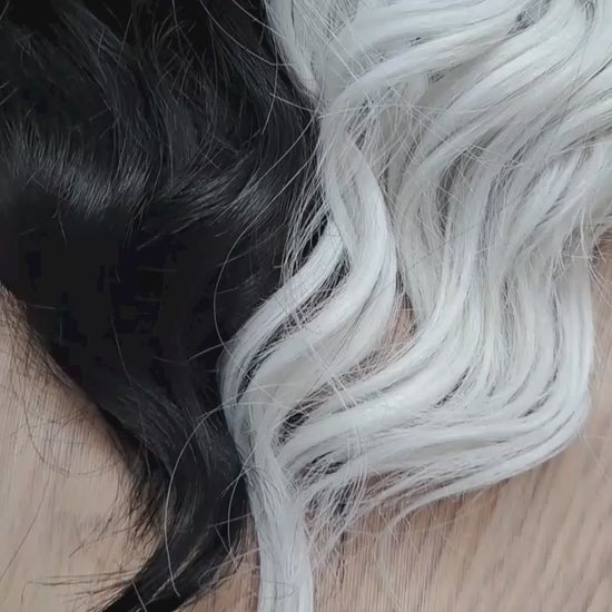 Black & White soft, lightweight, and reusable 60 double ended synthetic standard dreaded brushable curls

Length: 16 inches (40 cm)
Dreaded part: approximately 3-4 inches (8-10 cm)
Weight: ±300 gr (10,6 oz)