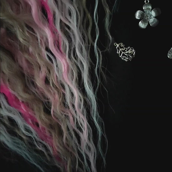 Rosé Sorbet - soft, lightweight, and reusable synthetic set of 4 colors double ended regular curls (NOT BRUSHABLE):
- platinum blonde
- ombre from light brown to wheat blonde
- ombre from nude blonde to pink and white
- fuchsia pink

