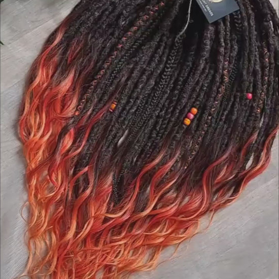Phoenix - dark chocolate brown and fiery red soft, lightweight, reusable synthetic 50 double ended crochet dreads, with curly brushable ends 

Length: ±28-30 inches (73-75 cm)
Thickness of dreads: ±0.8-1 cm
Weight: ±410 gr (14,5 oz)
