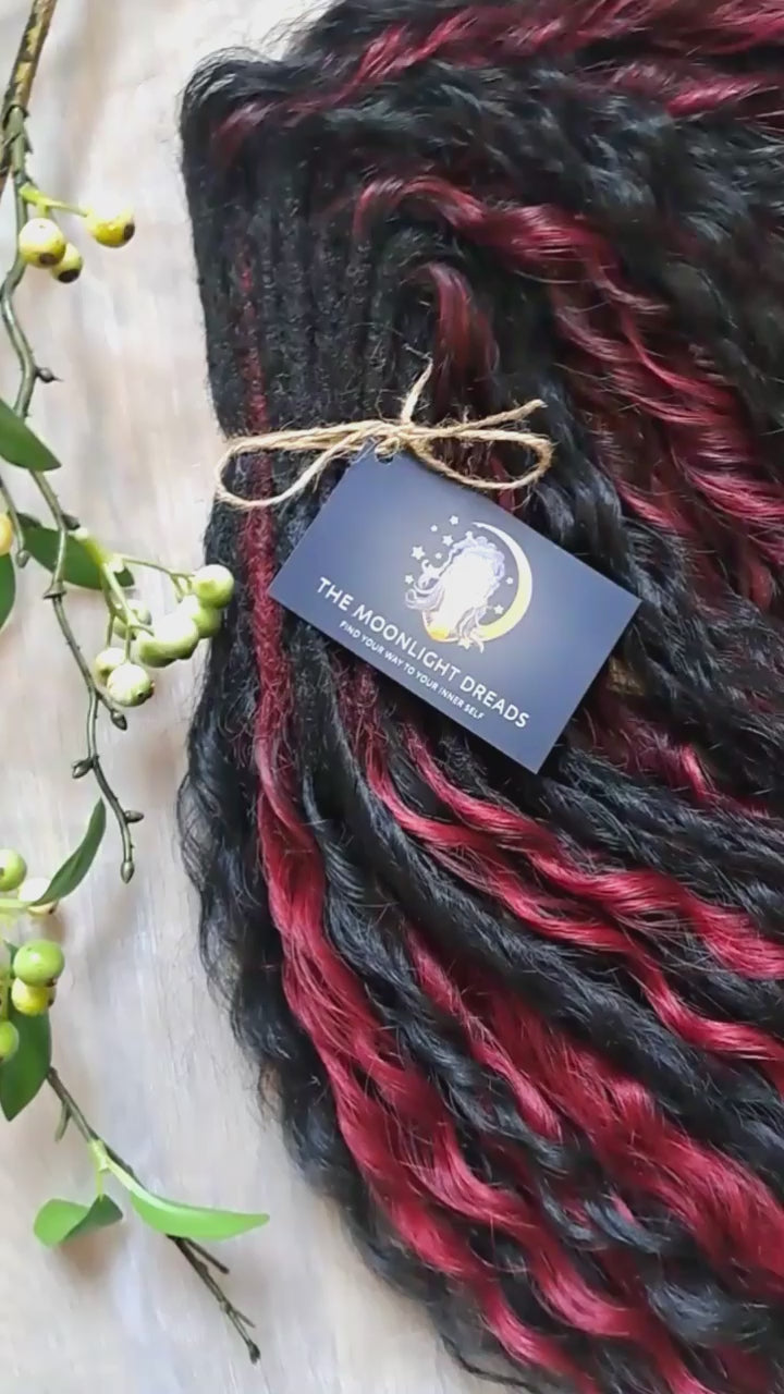 Black Ruby -  non-brushable dreaded curls: soft synthetic black & burgundy wavy dreadlocks