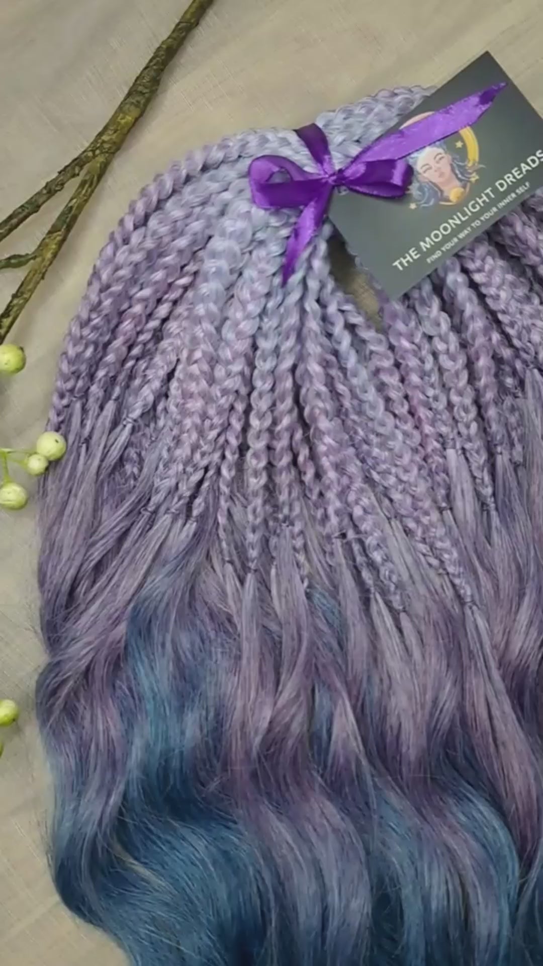 Ready to ship: 50 DE Indigo Lavender BRUSHABLE synthetic curls with braided middle

This set features a smooth lavender-to-indigo gradient with cool, clean tones and a soft transition between shades. Soft, lightweight, and reusable 50 double ended synthetic braids with loose wavy brushable ends.

Length: ±22-24 inches (55-50 cm)
Braided part of curls ±4-5 inches (11-13 cm) folded
Weight: ±350 gr (12,35 oz)