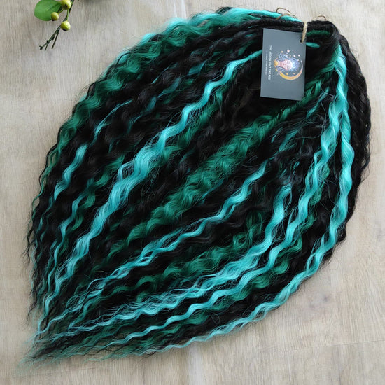 Midnight Tide - a deep mix of almost-black brown, emerald green, and teal/aqua green - dark, rich, and full of depth. Soft, lightweight, and reusable synthetic double ended NON-BRUSHABLE curls.