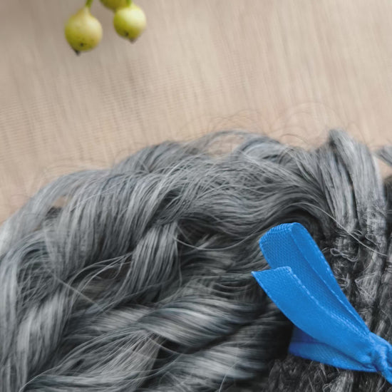 Salt and pepper: ombre from dark grey to white, natural-looking, short Jessica regular dreaded curls. The length is 10 inches (25 cm), dreaded part ±3-4 inches.